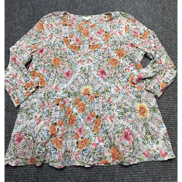 J Jill Shirt Womens Medium Floral Orange Pink Blue Rayon Button Front Blouse Top - Picture 1 of 8